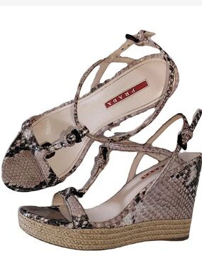 Prada Metallic Gold Snake-Print T-Strap Wedge Sandals